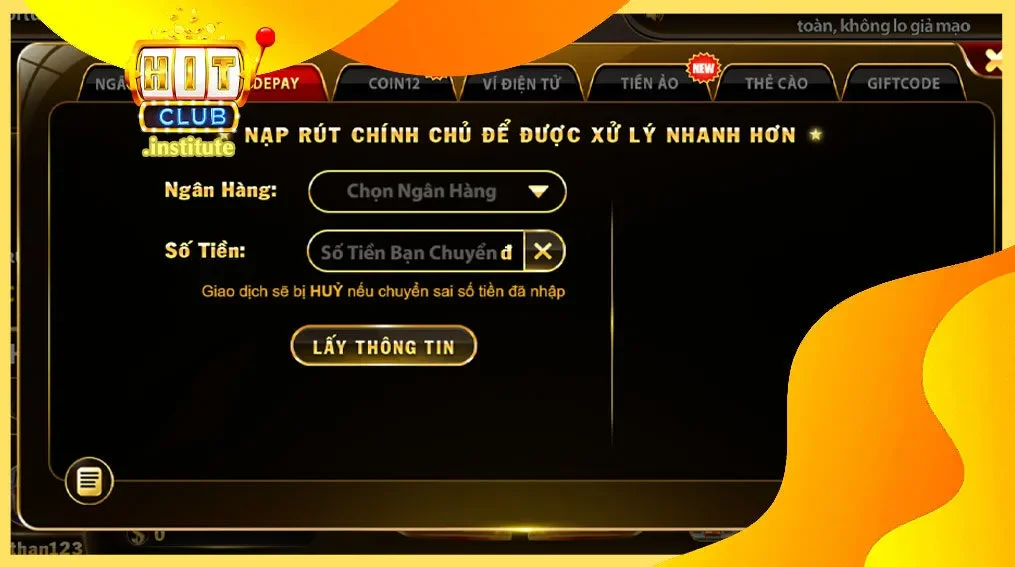 Hình ảnh minh họa giao diện nạp tiền tại Hitclub, cho phép người chơi chọn phương thức phù hợp.