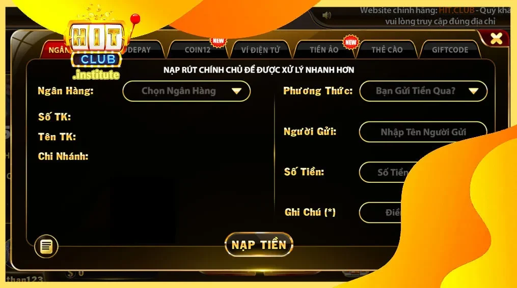 Các bước đơn giản để nạp tiền qua ngân hàng trên Hitclub.